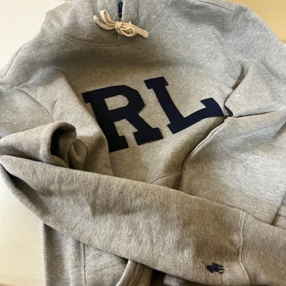 NWT Polo Ralph Lauren RL Monogram Letterman Fleece Hoodie Sweatshirt Grey - Picture 2 of 4